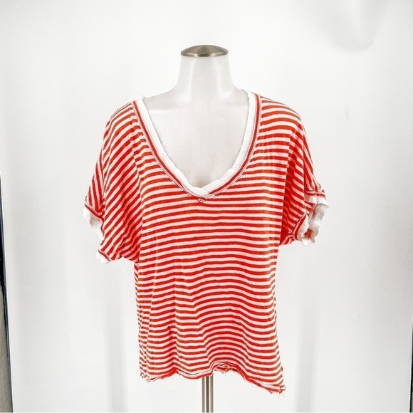 We the Free People Oversized Tee T-Shirt Top  Sleeve Coral Stripe Relaxed - Picture 5 of 9